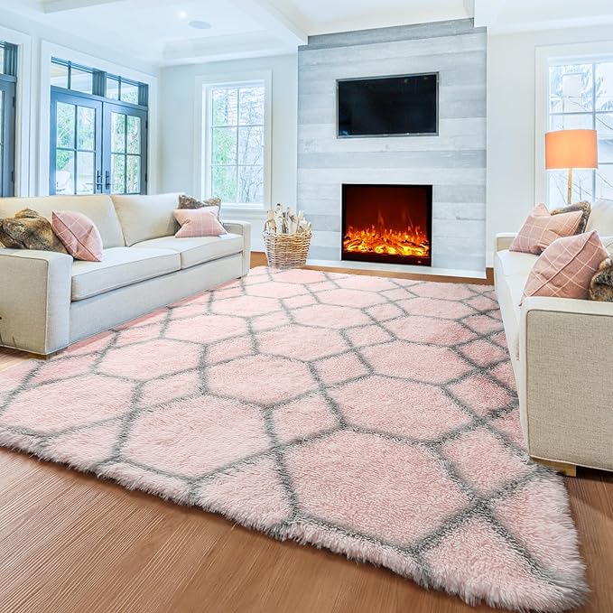 ONASAR Area Rugs for Bedroom Living Room, Washable 4x6 Fluffy Pink and Grey Throw Rug, Shaggy Geometric Soft Plush Floor Carpet for Nursery Girls Teen Playroom Dorm Home Decor Aesthetic