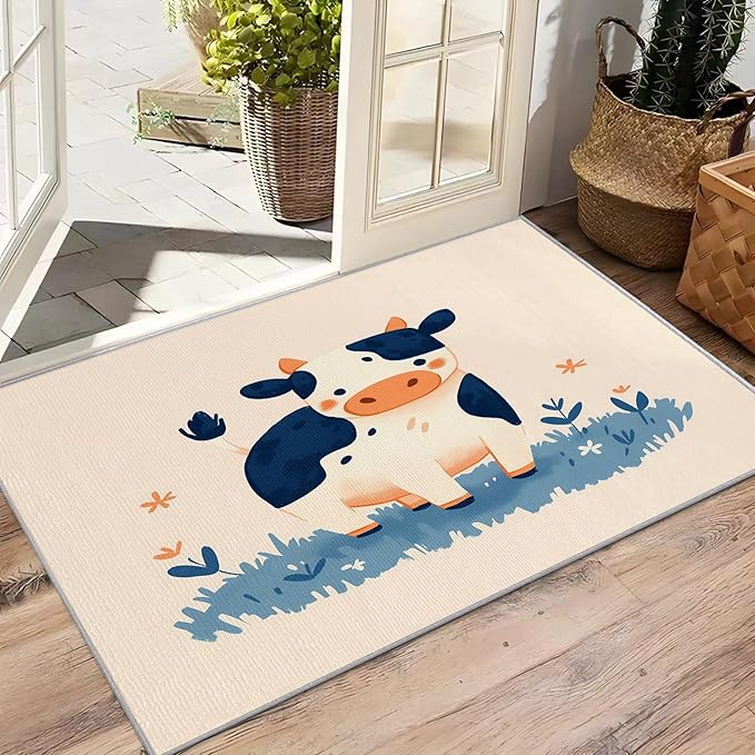 Cow Rug for Nursery - Cute Cattle Area Rug 5x7, Cartoon Farm Animal Rugs for Living Room Bedroom, Kids Farmhouse Animal Carpet - Washable Non Slip Pet & Kids Friendly, Cow Home Decor & Gifts