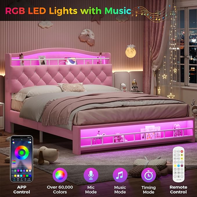 BTHFST Queen Szie Girls Bed with LED Lights & Charging Station, Princess Queen Size Bed Frame with Hidden Storage Headborad, Sturdy Platform Bed, No Box Spring Needed/Noise-Free/Easy Assembly, Pink