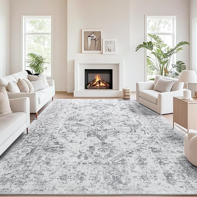 Area Rug 8x10, Washable Rug for Living Room, Large Area Rugs for Bedroom, Vintage Rug 8x10 for Dining Room, Non Slip Soft Low Pile Indoor Carpet for Kitchen, Nursery, Office, Farmhouse, Grey