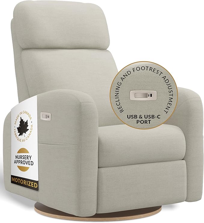 Hailey Modern Nursery Glider Recliner Chair (Motorized) – Cozy Nursing Chair with 180° Swivel for New Parents, Gentle Motion, High Back & Low Armrests, Adjustable headrest, Canadian Made (Como Sand)
