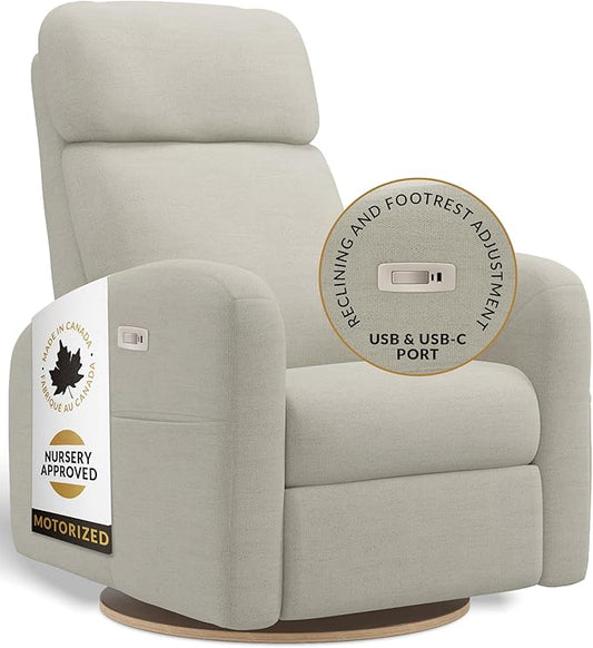 Hailey Modern Nursery Glider Recliner Chair (Motorized) – Cozy Nursing Chair with 180° Swivel for New Parents, Gentle Motion, High Back & Low Armrests, Adjustable headrest, Canadian Made (Como Sand)