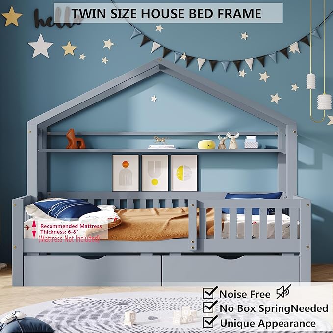 Aoowow Twin Size House Bed with Storage Drawers and Shelf,Kids Wooden Bed Frame Twin Platform Bed with Slats and Fence for Boys Girls Teens for Bedroom(Grey)