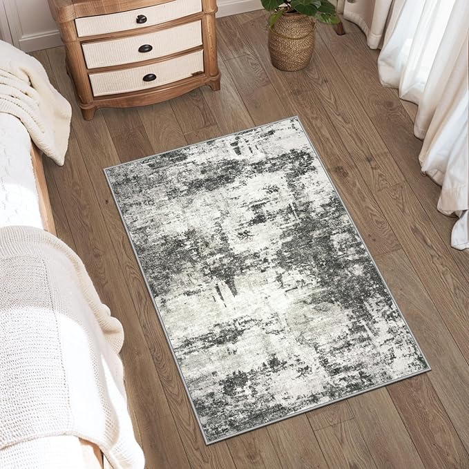 Area Rug 2x3 Washable Rug: Soft Small Entryway Rug with Anti-Slip Backing Non-Shedding Stain-Resistant Abstarct Modern Carpet for Kitchen Bedroom Indoor Front Entrance- Black