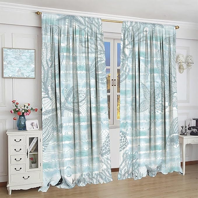 Starfish Curtains，Starfish and Seashells Coastal Curtain Ocean Themed Underwater Marine Decor Waterproof Fabric Curtain Set 2 Panels,63x72 Inches