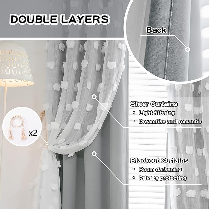 MYSKY HOME 95 Inch Long Living Room Curtains Double Layer Grey Blackout Curtains for Boys Bedroom White Pom Pom Sheer Curtains for Kids Room Darkening Grommet Top Nursery Window Panels 52 x 95 in