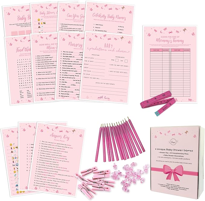 Dessie Baby Shower Games for Girls - Ultimate BabyShower Set - 9 Unique Girl Baby Shower Games, 100 Mini Clothespins, 100 Mini Acrylic Pacifiers, 25 Pens