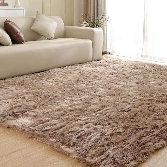 Fluffy Beige 8X10 Area Rug Faux Sheepskin Shaggy Fur Rug Washable for Living Room Bedroom Nursery Teen Room Home Décor