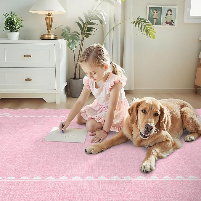 GarveeHome Scalloped Bow Rug for Living Room, Solid Pink Rug for Dorm, Washable Rugs 5x7 Soft Low Pile Non Slip Scalloped Rugs for Nursery College Bedroom Decor Kids Room Playroom