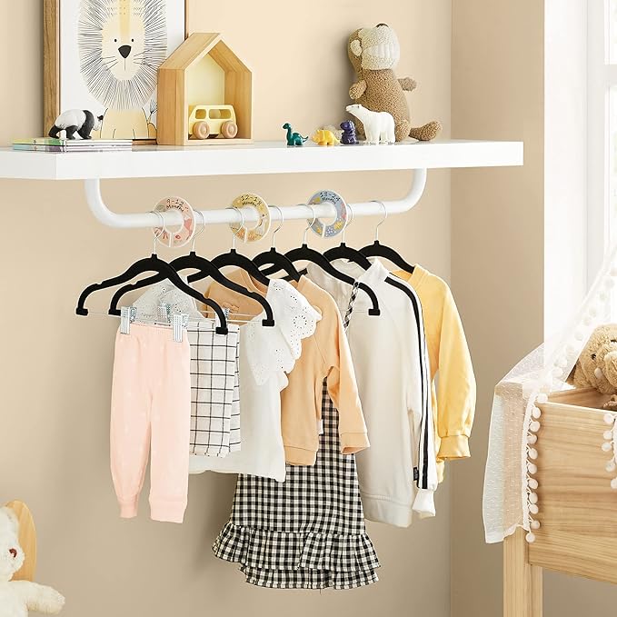 SONGMICS 30 Packs Baby Pants Hangers with Clips, Kids Hangers with 6 Clothes Dividers, Non-Slip Children’s Clothes Hanger, Black UCRF013B30