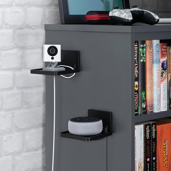 BRAINWAVZ Drill Free Wall Mount Shelf for Security Cameras, Baby Monitors, Speakers & More, Universal Holder, Strong Adheasive, Easy to Install, No Mess, Screwless (Black)