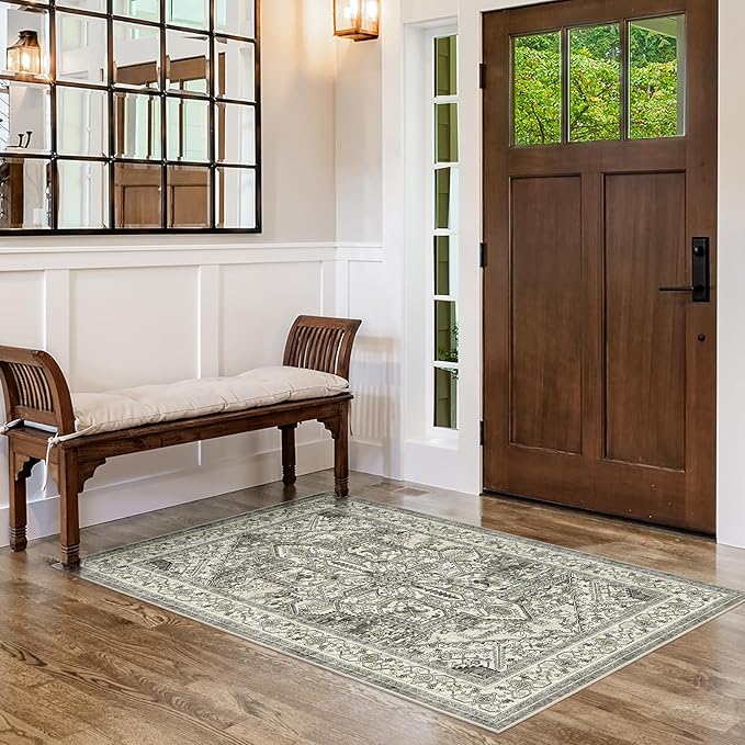 WITSHOCK Living Room Area Rugs 3x5: Washable Rug Boho Soft Non-Slip Low Pile Stain Resistant Foldable Carpet for Bedroom Playroom Dining Room Office Kitchen Farmhouse Home Decor Rug-Brown/Lvory