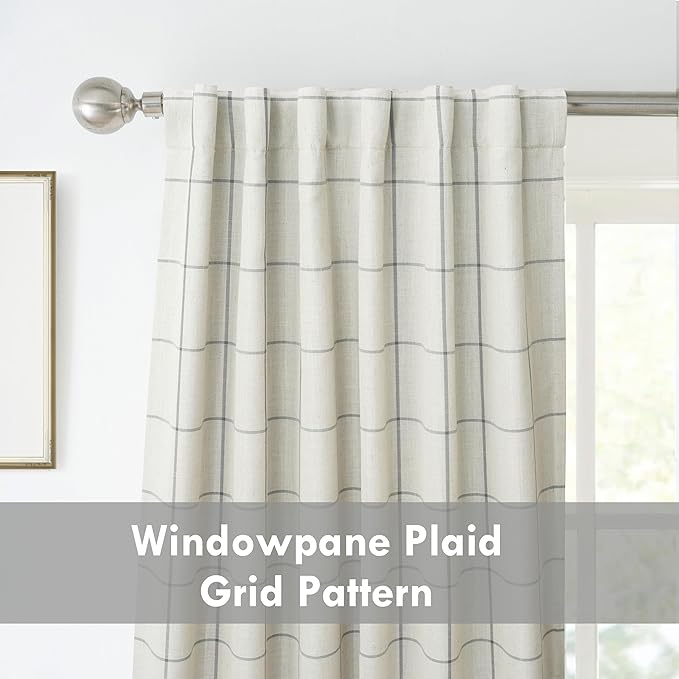 DriftAway 2 Panels 100% Blackout Windowpane Plaid Linen Curtains Double Layer Drapes for Bedroom 96 Inches Long Farmhouse Thermal Insulated 3.25 Inch Rod Pocket Back Tab for Living Room Gray