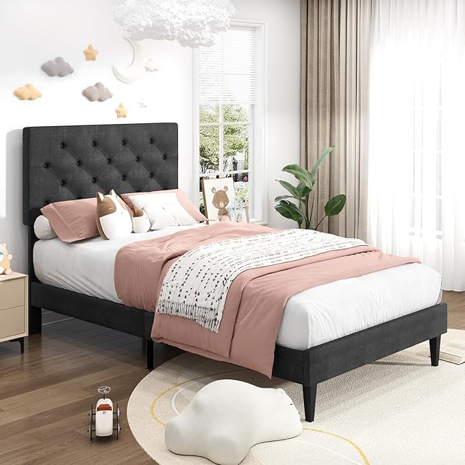 BarnFurin Twin Bed Frame, Upholstered Platform Bed with Button Tufted Headboard, Fabric Bed Frame with Wooden Slats Support, No Box Spring Required, Easy Assembly, Dark Grey