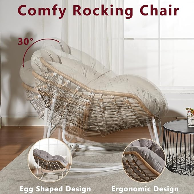 Oversized Outdoor Papasan Rocking Chair with Soft Cushion, Comfy Patio Egg Chair, Wicker Lounge Rocker for Balcony/Porch/Garden, Reinforced All Weather Rattan Frame, 330 lbs Support, Beige and White