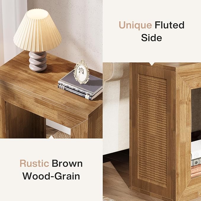 Tribesigns Rustic End Table, 2-Tier Wooden Side Table with Sturdy Base, Farmhouse Narrow Nightstand with Storage Shelf for Living Room, Bedroom, Brown
