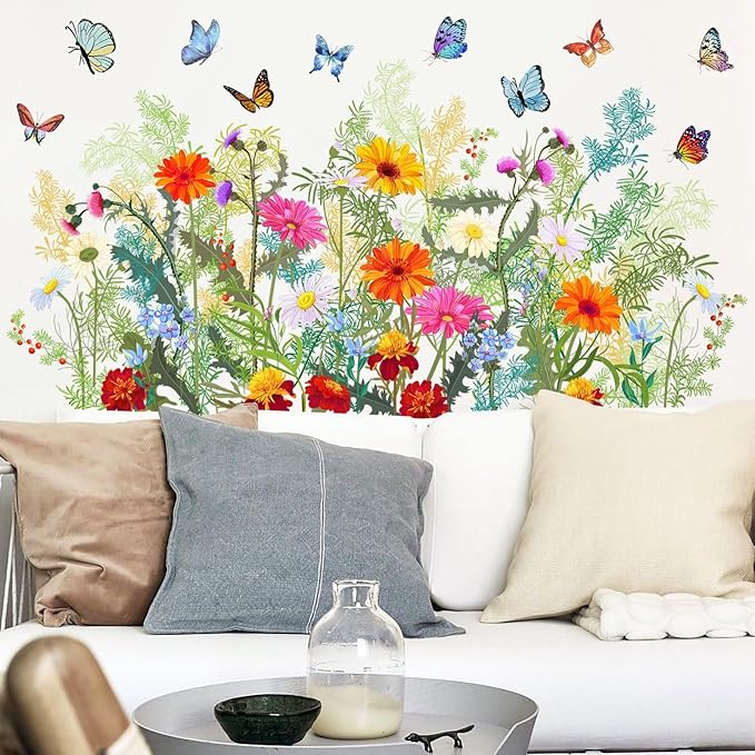 Colorful Floral Wall Stickers Flowers Daisy Butterfly Wall Decals for Living Room, Vivid Flowers Vine Decor Posters Chrysanthemum Art Murals Removable Home Decorations Stickers