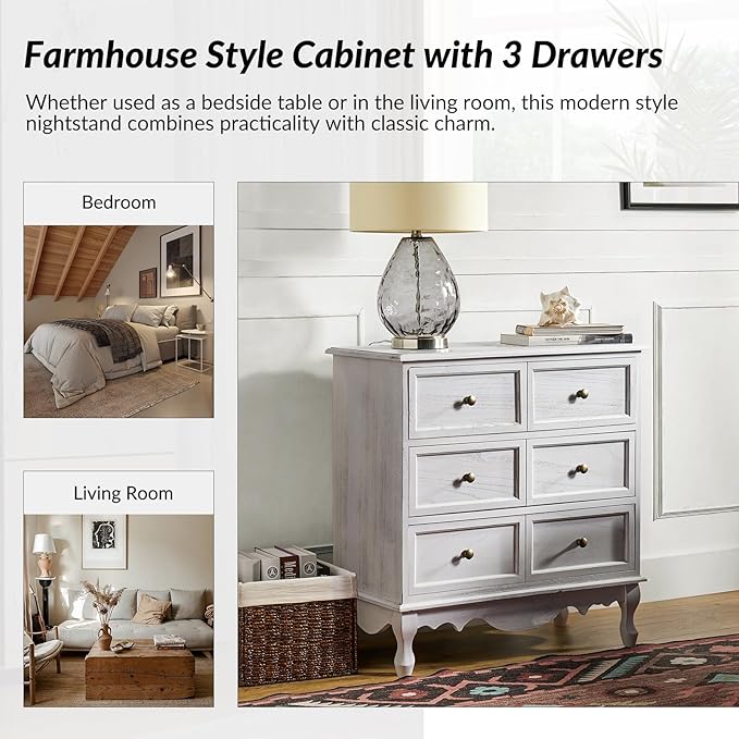 HULALA HOME 3-Drawer Nightstand with Charging Station, Drawer Organizer with Wood Legs, Farmhouse Solid Wood Nightstand(White)