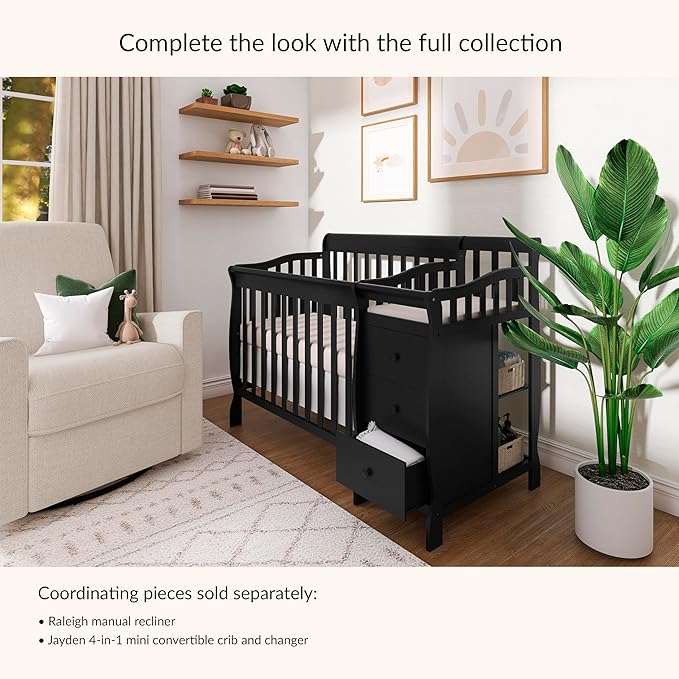 Dream On Me Jayden 4‑in‑1 Mini Convertible Baby Crib & Changer with Storage in Black, Pinewood, GreenGuard Gold & JPMA, 1” Mattress Pad, 3 Mattress Heights, Converts to Mini Day & Twin-Size Bed