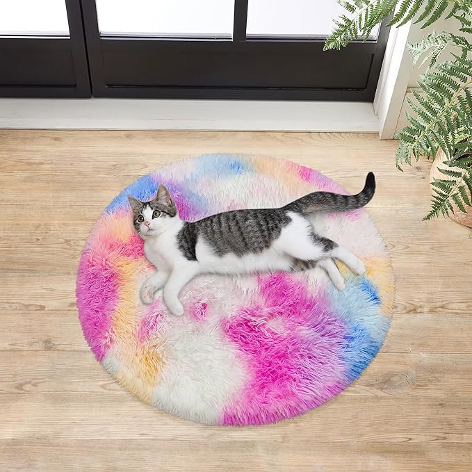 Small Round Rug for Bedroom,2' Pink Rainbow Circle Area Rugs Colorful Carpet Fuzzy for Indoor Floor Carpet for Kids Girls and Boys, Nursery Rooms, Home Decor Aesthetic