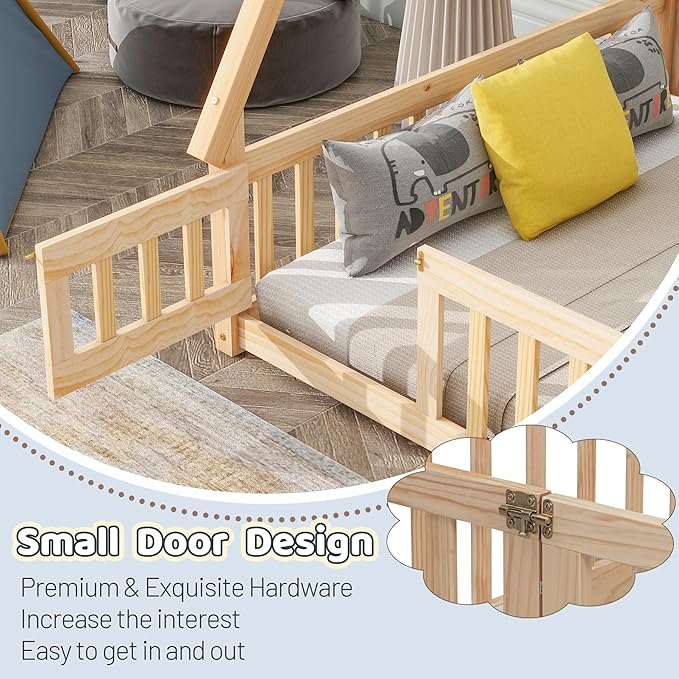 Full House Bed Frame with Fence Rails and Door,Wood Montessori Floor Bed with Slats Support,Teepee Tent Beds Kids Bed Frames for Girls Boys, Natural