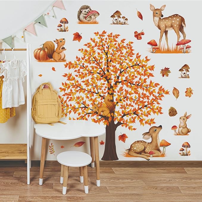 Large Autumn Fall Maple Tree Wall Decals Woodland Animals Creactures Mushroom Wall Stickers for Autumn Party Decorations Bedroom Living Room Wall Decor