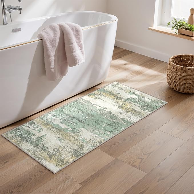GENIMO 2x4 Entryway Runner Rug, Washable Runners for Kitchen, Indoor Entrance, Bathroom, Low Pile Small Carpet with Non Slip Backing, Abstract Modern Design, Light Green