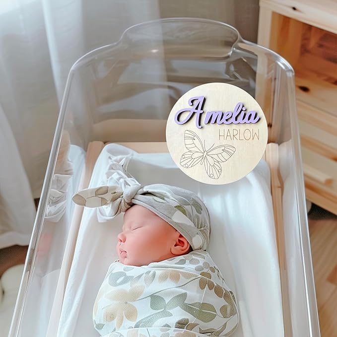 Personalized 3D Butterfly Birth Announcement Sign, Wooden Name sign, Hospital Photo prop Baby Name Reveal, Many font options, 30 Colors(Engraved Minimalist Butterfly)