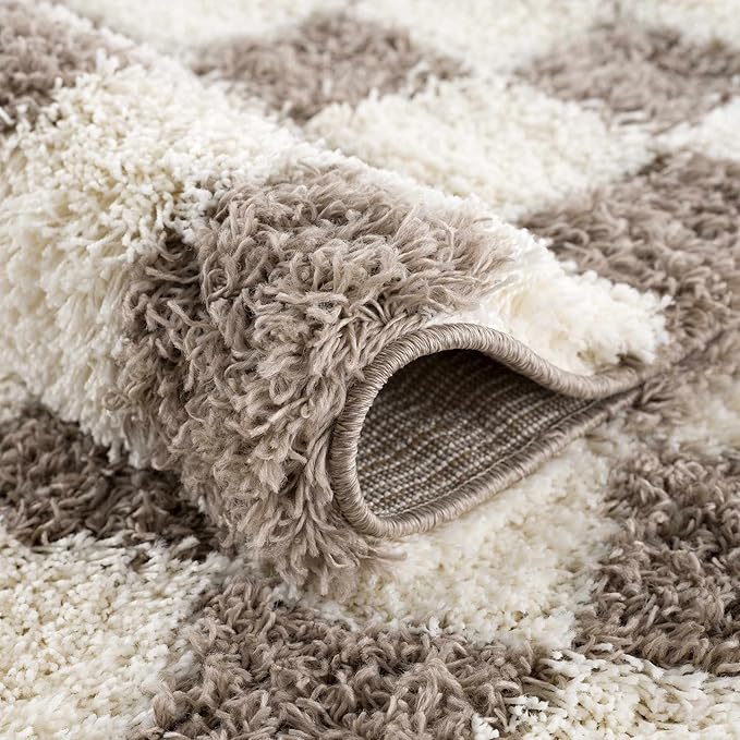 Hauteloom Atira Contemporary Checkered Fluffy Shag Area Rug - Modern Geometric Carpet Tiles for Living Room, Kids Room, Nursery - Plush Pile - Cream, Brown - 18" Sample