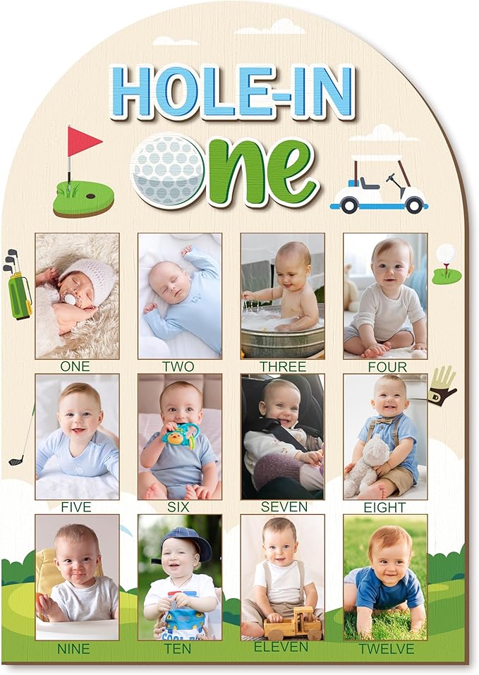 R HORSE My First Year Photo Display Wood Board - Baby’s First Year Picture Frame, 12 Months Milestone Board, 3D Golf Themed Neutral Baby Keepsake Gift One Year Old Birthday Nursery Decor for Girl Boy