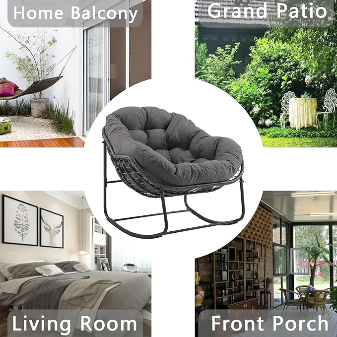 Oversized Outdoor Papasan Rocking Chair with Soft Cushion, Comfy Patio Egg Chair, Wicker Lounge Rocker for Balcony/Porch/Garden, Reinforced All Weather Rattan Frame, 330 lbs Support, Dark Grey