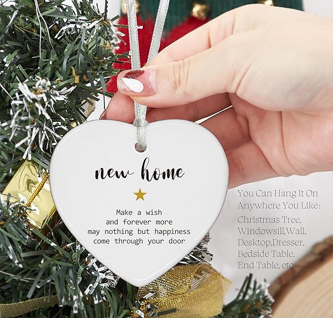 Make a Wish-Heart Shaped Christmas Ornament-New Homeowners Gift-Realtor Housewarming Present-Congrats New Home Ceramic Keepsake Decor with Gift Box