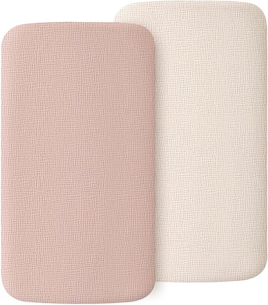 2 Pack Muslin Fitted Bassinet Sheets for Babies, Soft & Breathable 100% Cotton Bedside Sleeper Bassinet Sheet, Moses Basket Oval Rectangle Pad/Mattress