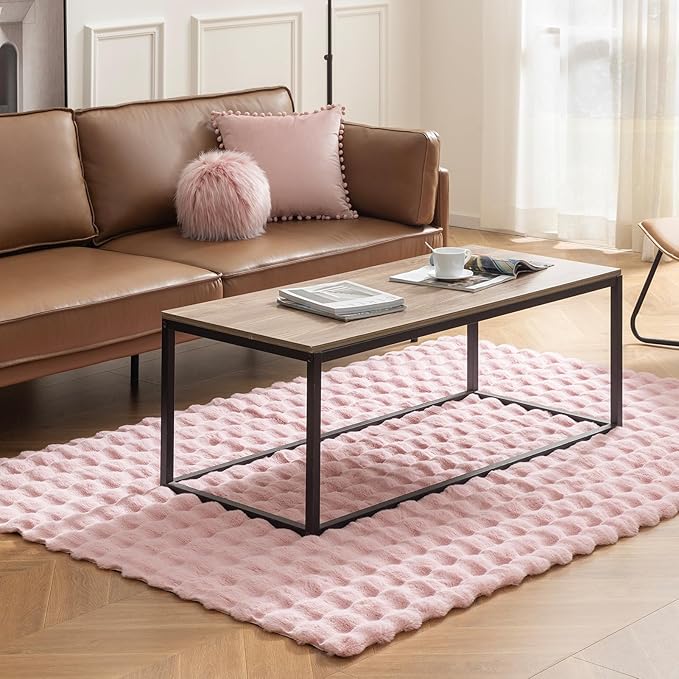 Ashler Faux Rabbit Fur Area Rug, Pink 5x7 FT Fluffy Soft Rectangle Fuzzy Carpet for Living Room, Bedroom, Machine Washable Shaggy Nursery Rug - 3D Bubble Rug