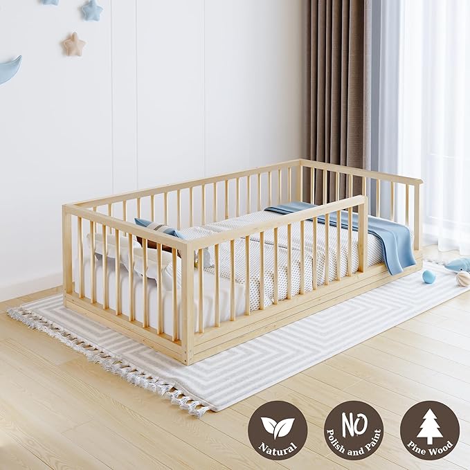 Montessori Slatted Floor Bed for Boys and Girls | Slatted Bed with Natural Solid Pine Frame | Sturdy Designed Floor Bed for Children (Crib)
