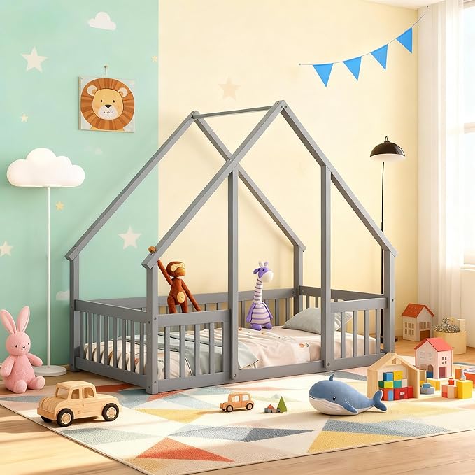 Casaphoria Twin Size House-Shaped Montessori Bedframe, Solid Pine Wood Kids Bed Frame, Toddler Floor Bed with Door & Fence for 1-3 Years Old Kids, Grey