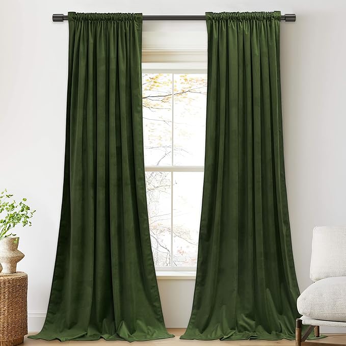 StangH Moss Green Curtains 92 inches Long Super Soft Velvet Room Darkening Thermal Insulated Window Drapes Back Tab Christmas Decor for Bedroom Living Room, W52 x L92, 2 Panels