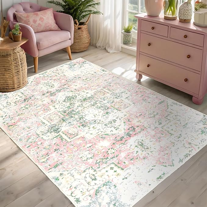 3x5ft Pink and Green Area Rugs for Nursery Soft Washable Area Rug Boho Vintage Non Silp Carpet for Entryway Bedside Girls' Room