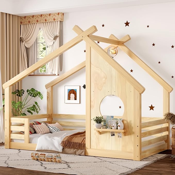 SOFTSEA Twin Size House Bed Frame, Kids Floor House Bed with Window and with Storage Shelf for Boys Girls, Wood Montessori Bed with Slats and Guardrails, Natural