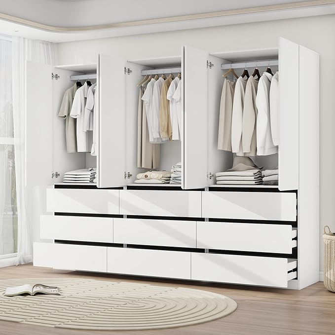Armoire Wardrobe Closet with Drawers：75" Large White Wardrobe Closet Cabinet with 6 Doors for Hanging Clothes, Modern Wooden Bedroom Armoires with 9 Drawers and Storage (B+B+B, 94.5")