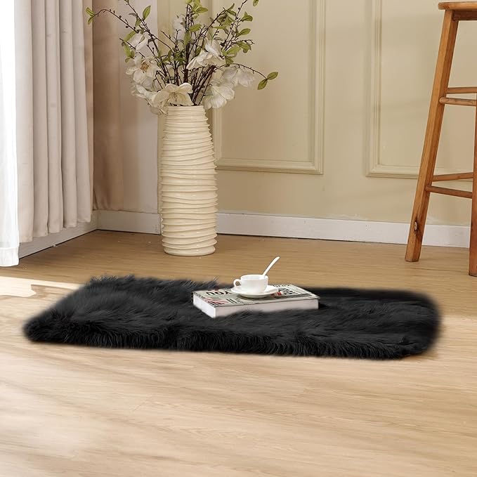 Black Faux Sheepskin Washable Fluffy Fur Area Rugs for Bedroom Small Fuzzy Carpet for Living Room 2x3 Boho Nursery Rug