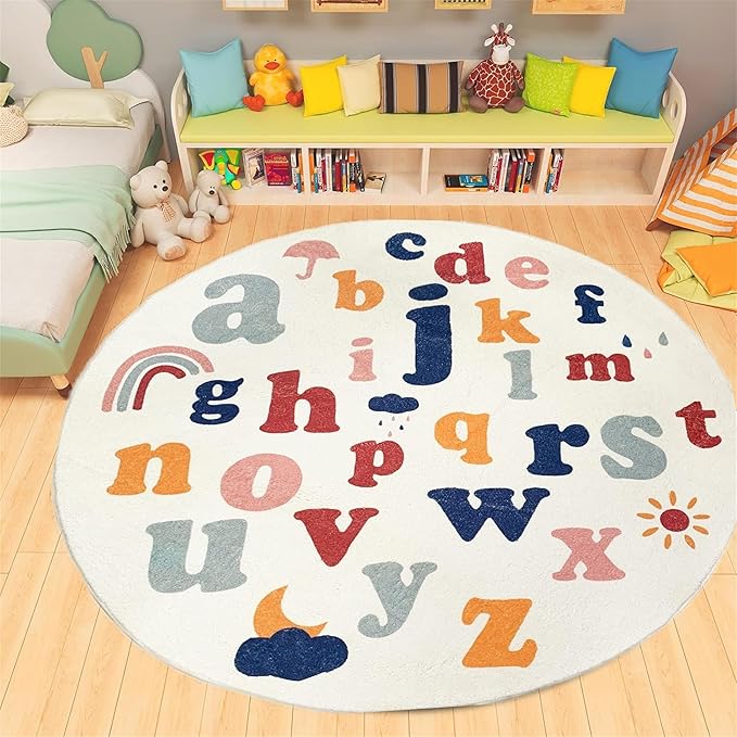 ABC Round Rug,5ft,Children's Educational Learning Area Rug, Colorful Alphabet Kindergarten Area Rug, Soft Fluffy Faux Cashmere Baby Crawling Mat for Living Room, Bedroom, Children's Room