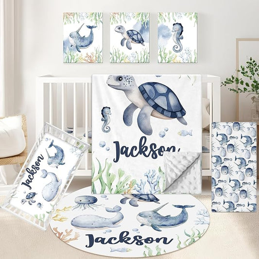 Personalized Baby Crib Bedding Set, 5 Pcs Custom Name Bedding Set, Double Layer Nursery Set, Ocean Animal Crib Set for Girls & Boys, Gift for Toddler & Infant