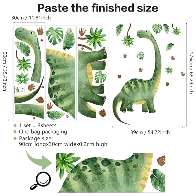 Large Dinosaur Wall Decals for Boys Room, Sunoyar Removable Kids Dinosaur Wall Decor, Peel & Stick Dino Wall Stickers for Nursery Bedroom