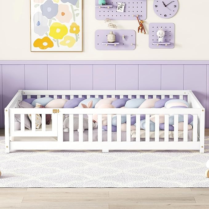 Full Size Floor Bed with Fence and Lockable Door, Wood Montessori Bed Frame with Slat Support for Kids,Boys,Girls,Easy Assembly, White