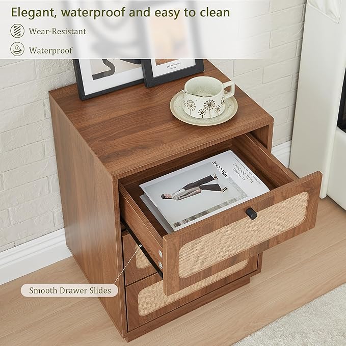 16" Nightstand with 3 Drawer, Mid-Century Wood Night Stand Storage with Linen Decor, Farmhouse Small Side Table for Sofa Couch, End Table for Bedside Bedroom, Living Room (Walnut)