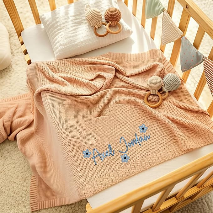 Luxury Personalized Baby Blanket, Soft Breathable Cotton Knit, Custom Embroidered Name Blanket, Newborn Baby Gift, Baby Shower Present, Gifts for New Mom, Baby Girl & Boy Style 1