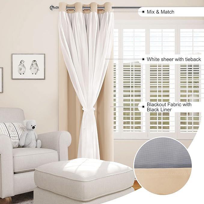 XWZO 100% Blackout Double Layer Curtains, Blackout Curtains with Sheer Overlay for Living Room, Grommet Thermal Insulated Privacy Curtains with Tiebacks, 2 Panels, 52x108, Biscotti Beige