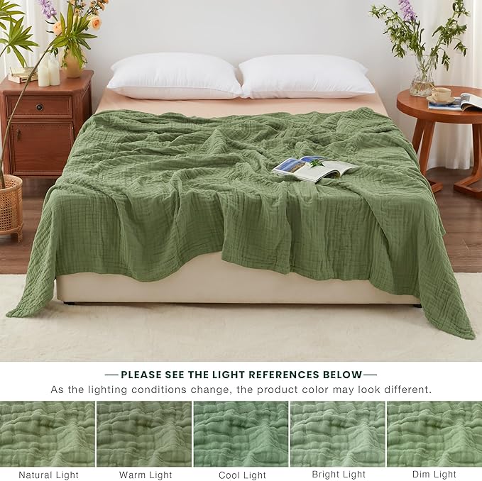 Love's cabin 6 Layer 100% Cotton Muslin Blanket, 108"x90" Muslin King Size Blanket for Bed Couch, Lightweight and Breathable Cotton Gauze for Adult, Sage Green
