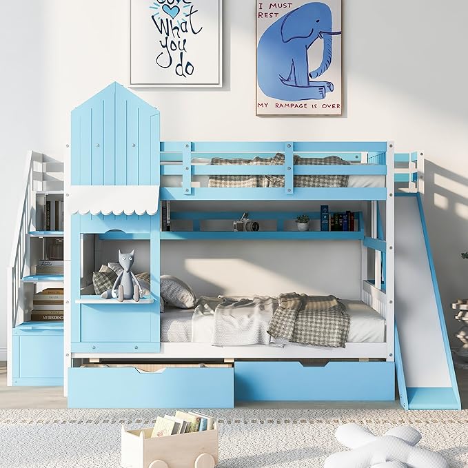 Full-Over-Full Bunk Beds Castle Style Bunk Bed with 2 Drawers 3 Shelves and Slide - Blue